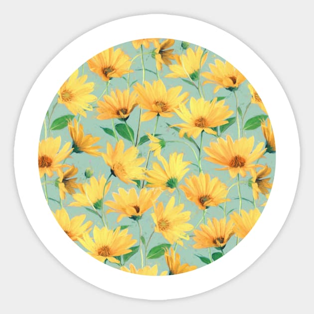 Painted Golden Yellow Daisies on soft sage green Sticker by micklyn